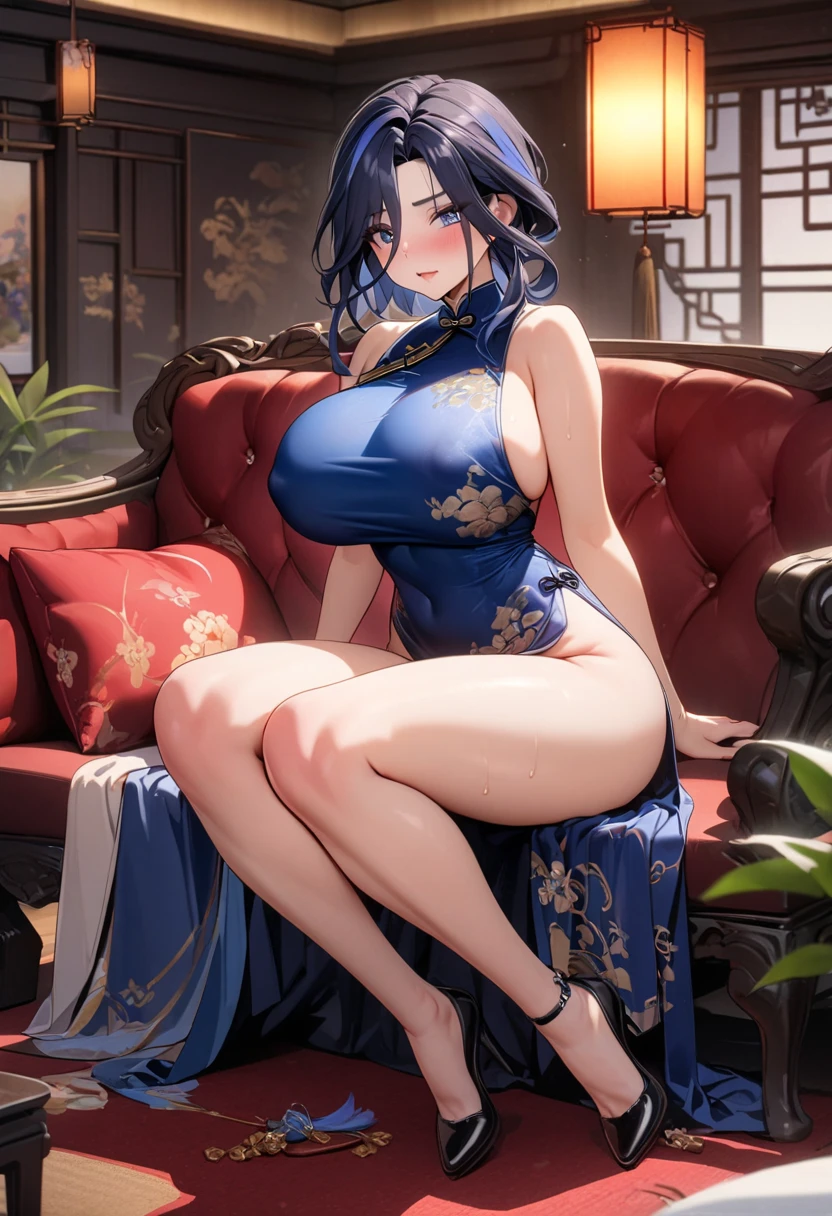 Masterpiece、need、1 woman、blue clothes、Traditional Thai dress, blue strapless、full body photo、ancient thai style、 White cloth buns, steamed buns、black hair、Leaky shoulder、The chest is large.、Long, slender legs、smile、black stockings、ริมฝีปากpinkอ่อน、Embroidered clothing、high-heels,(big tits),sexy, slightly seductive expression, big breasts,Show your breasts,The cracks are clear....,((big tits)),(pubic bone), rift, visible chest,seductive pose,I see bulging nipples.,(((large areolae:1.4,pink,The nipples are clearly visible.......)))