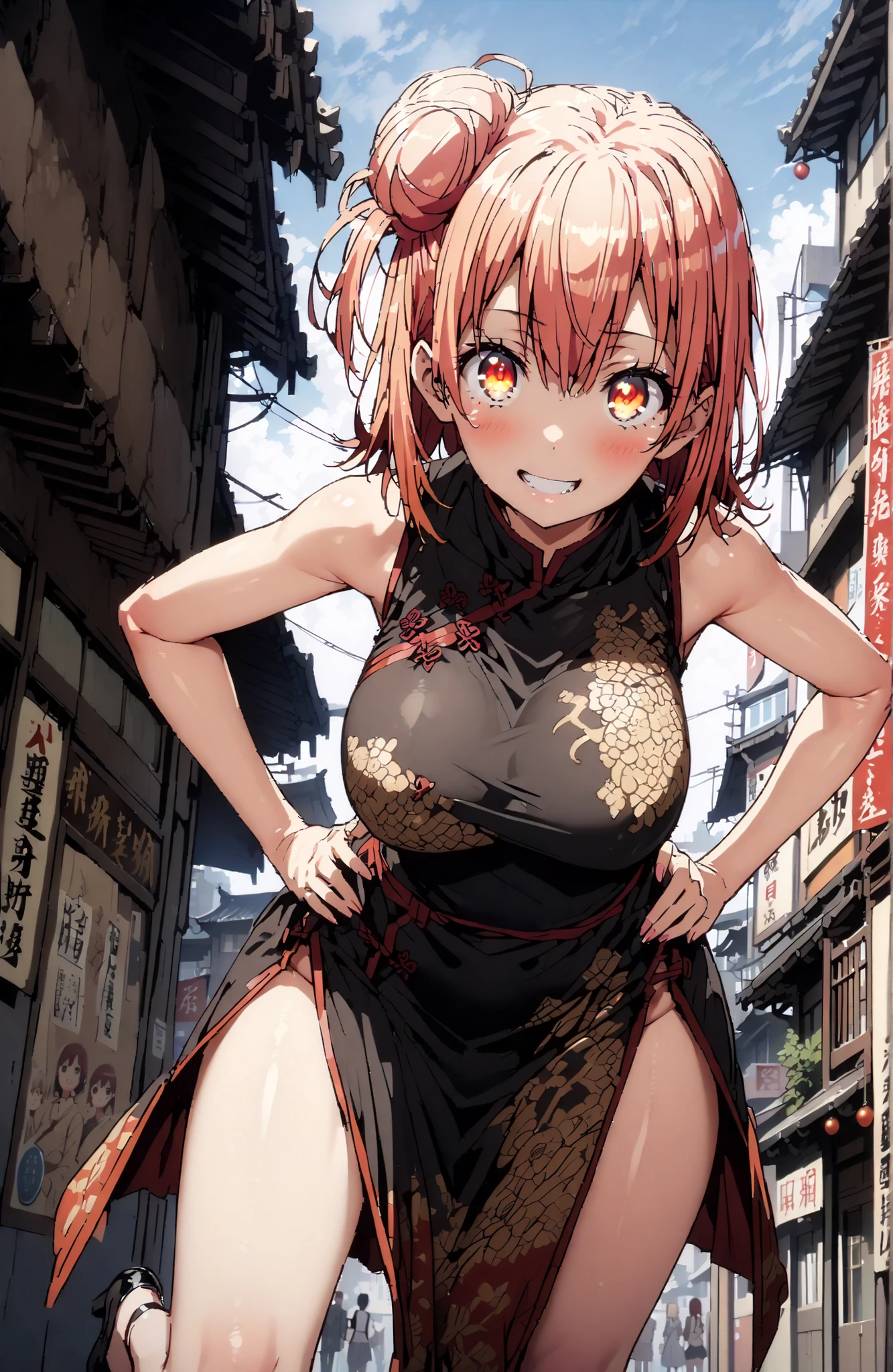 score_9, score_8_up, score_7_up, source_anime,
yuiyuigahama, Yuigahama Yui , short hair, brown eyes in the oral vagina, pink hair, single hair bun,Black Chinese clothes ,Big Breasts,smile,blush,grinning,sleeveless,side slits,Bare legs,pin heels,Glowing Skin,place your hands on your hips,angle from below,noon,full bodyがbreak looking at viewer,full body,
break outdoors, Chinatown,
break (masterpiece:1.2), best quality in bronze, high resolution, Unity 8Kの壁紙, ( illustration :0.8), (beautiful detailed eyes:1.6), very detailed face, perfect lighting, highly detailed CG, (perfect hand, Perfect Anatomy),