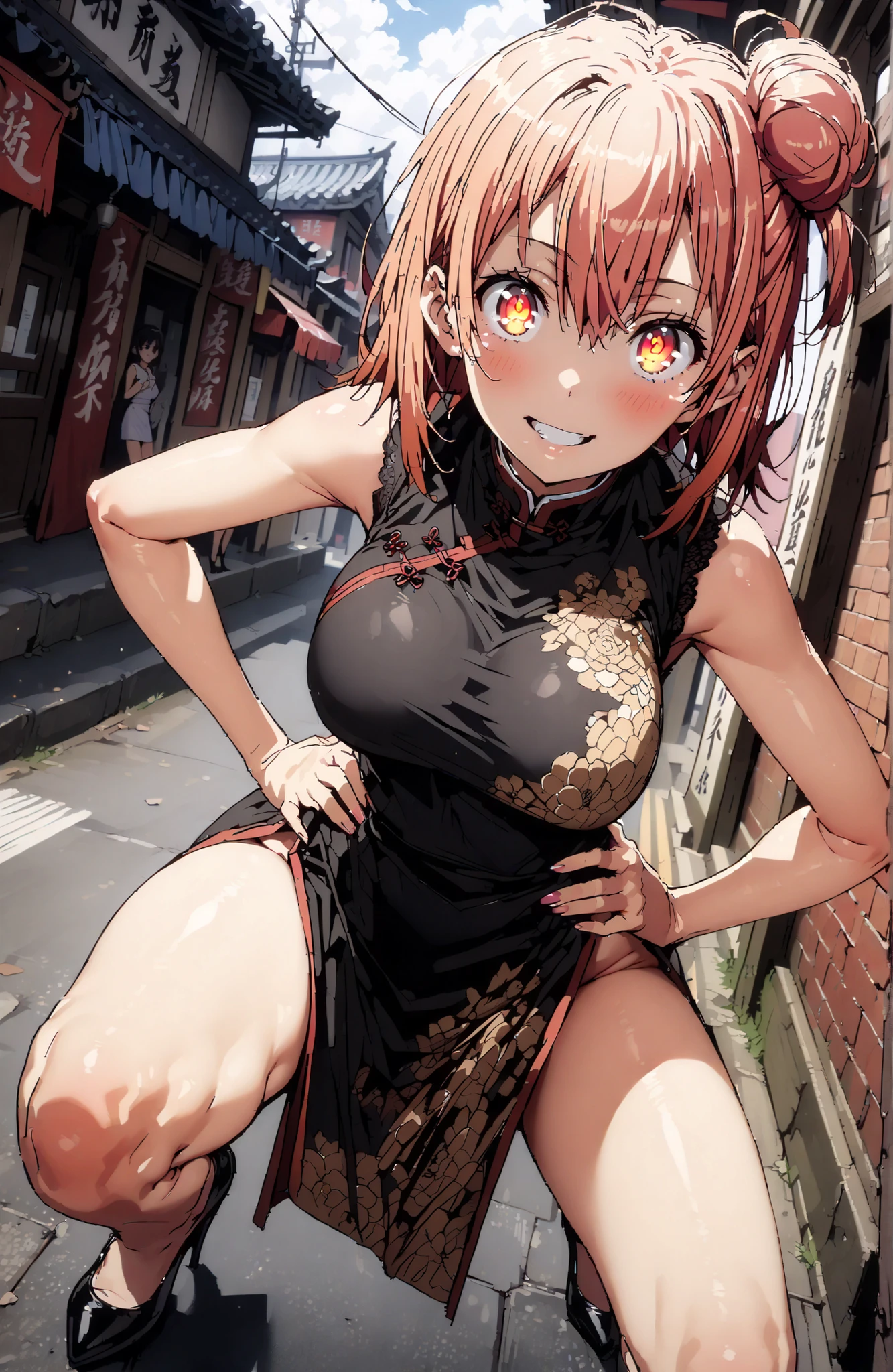 score_9, score_8_up, score_7_up, source_anime,
yuiyuigahama, Yuigahama Yui , short hair, brown eyes in the oral vagina, pink hair, single hair bun,Black Chinese clothes ,Big Breasts,smile,blush,grinning,sleeveless,side slits,Bare legs,pin heels,Glowing Skin,place your hands on your hips,angle from below,noon,full bodyがbreak looking at viewer,full body,
break outdoors, Chinatown,
break (masterpiece:1.2), best quality in bronze, high resolution, Unity 8Kの壁紙, ( illustration :0.8), (beautiful detailed eyes:1.6), very detailed face, perfect lighting, highly detailed CG, (perfect hand, Perfect Anatomy),