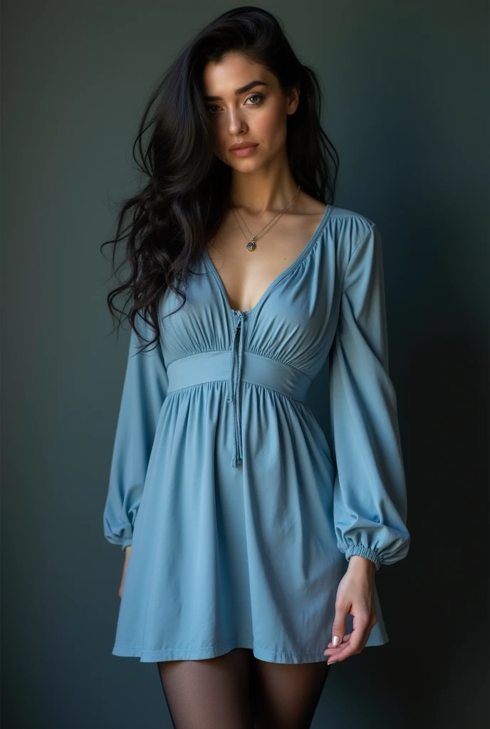 portrait cute dina realistic wearing a long tigh dress with busty tits