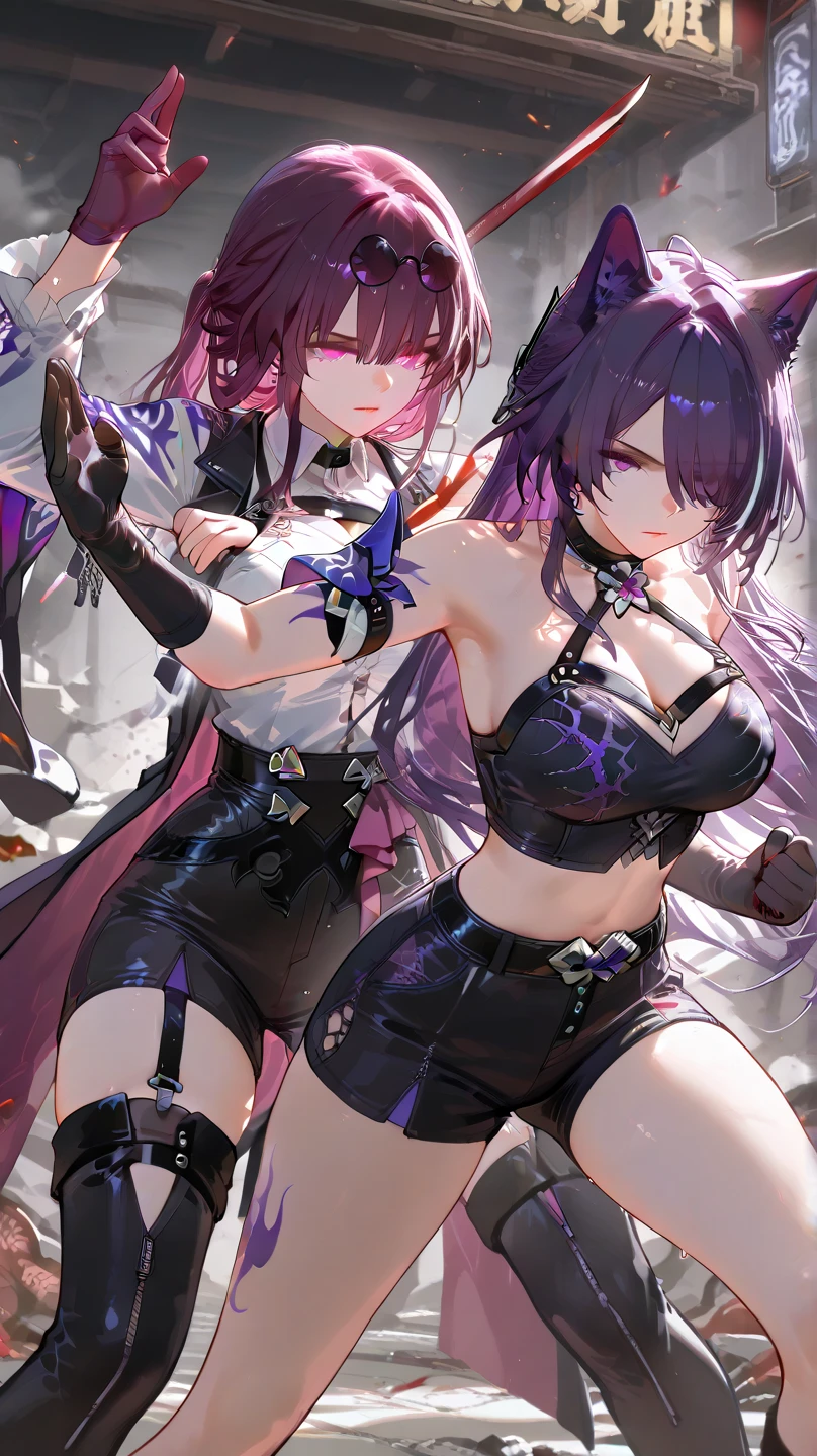 jirai kei, harajuku, hime cut, blunt bangs, purple eyes, punk fashion, dark persona, makeup, striped thighhighs,	torn long skirt, ecstasy, blush, piercings, from side, long hair, bags under eyes, evil grin, red and black and blue hair, octagonal yin yang mirror, pillars of purple fire, 1 girl, runes, platform footwear, gold decoration, earrings, chains, bracelets, yin yang, belts, tassel, beautiful art, depth of field, high res, perfect face, detailed outfit
