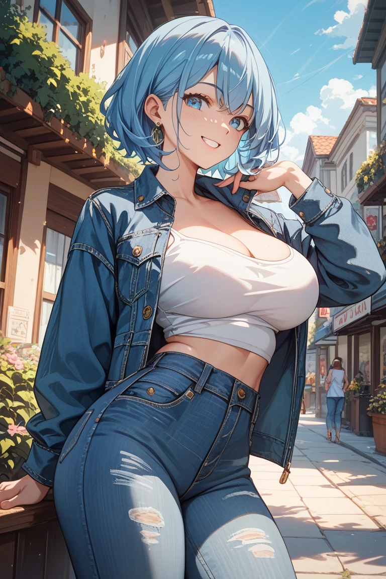 Realistic image, A consistent image, Detailed Images, 1 beautiful girl. She has short light blue hair that reaches her shoulders.、The bangs reach down to the eyebrows。. On top of the bangs, Yura is wearing a black headband and a hairpin on her left side.。. purplish yellow eyes, Long eyelashes. Her face is oval and delicate.. Smile seductively. ((Exposed breasts,topless)), Jeans Shorts, Thigh-length stockings. She has a curvaceous figure, Medium bust and thick thighs. Surrounded by European shops, Petals falling. Natural light in front, Volumetric lighting