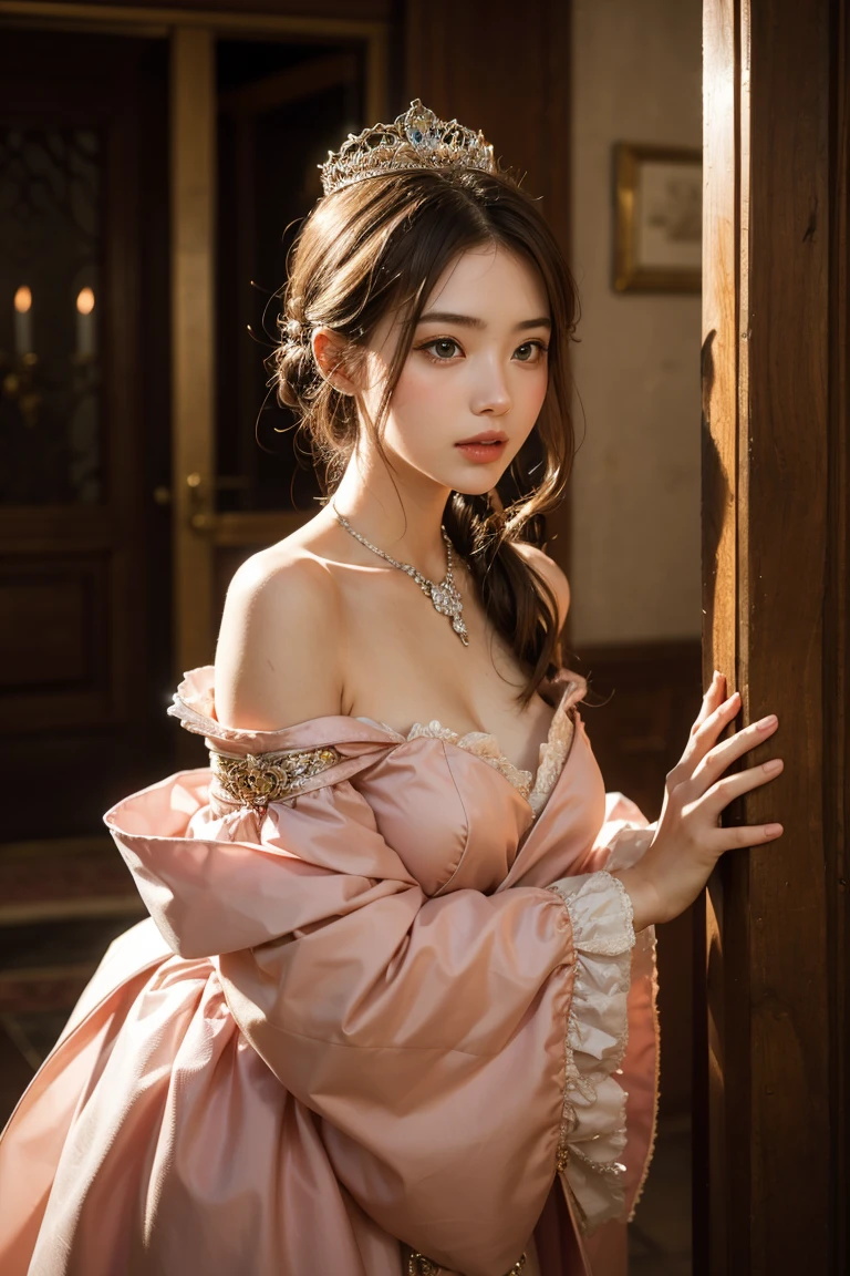 One Girl,Gold Robe, Scepter, clavicle necklace, The queen of elegant updo hairstyles、Sitting in a luxurious chair、Hall々Images that exude a relaxed atmosphere。The background should have royal symbols and decorations。, Cowboy Shot