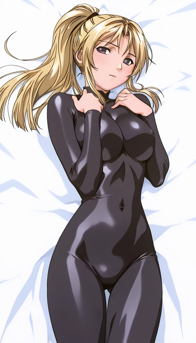 score_9, score_8_up, source_アニメ,Morino Korisu, long hair, blonde hair, red eyes, very long hair, bright pupils,((1girl)),White background,shiny skin,School swimsuit,High leg,Sunburn,trembling,Pussy juice,Bukkake