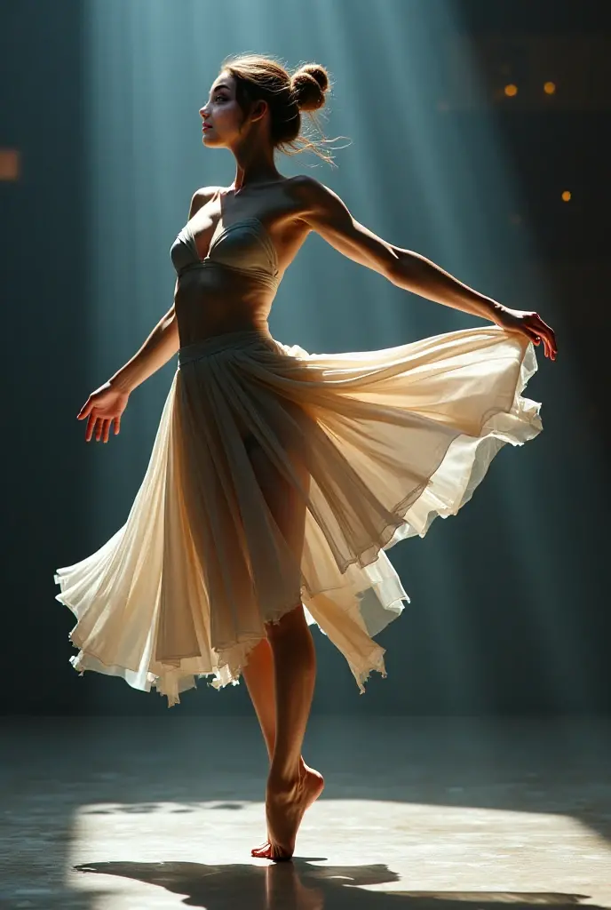 Generate an image of a woman dancing from a low angle with a distinctive composition that emphasizes movement and grace. Capture the fluidity of her movements and the dynamic energy of the dance in a visually striking way. Utilize unique lighting and angles to create a visually engaging and artistically expressive representation of the dance performance.chat ear