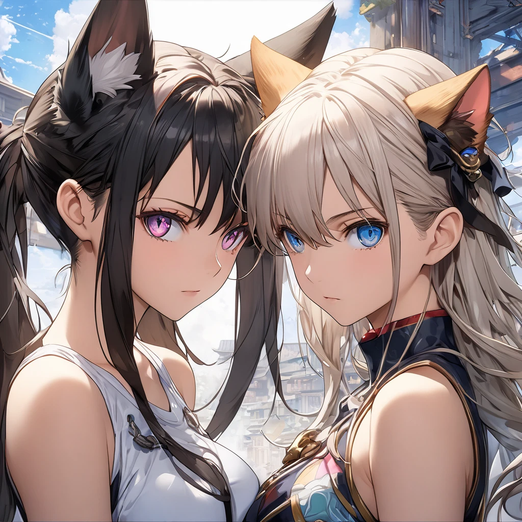two women woman Raphtalia, orange hair red eyes and bear ears big breasts, next to another woman, Atlas Fayon woman 40 years old, white hair with black stripes ,white tiger ears,