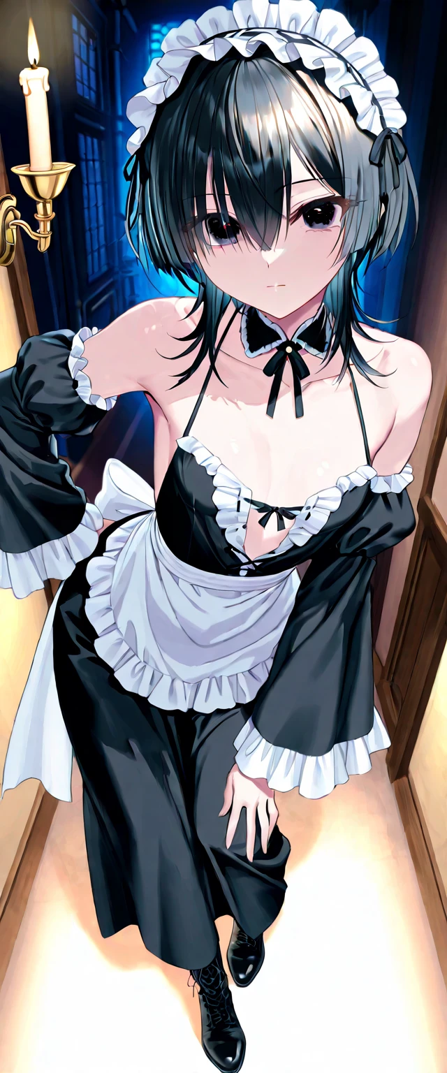 masterpiece, best quality, highres, kitagawa marin, 1girl, purple hair, medium hair, purple eyes, bonnet, red rose, collar, gothic, frills, black dress, black necktie, cleavage, long sleeves, white apron, thighhighs, smile, room, mirror, selfie, cellphone,