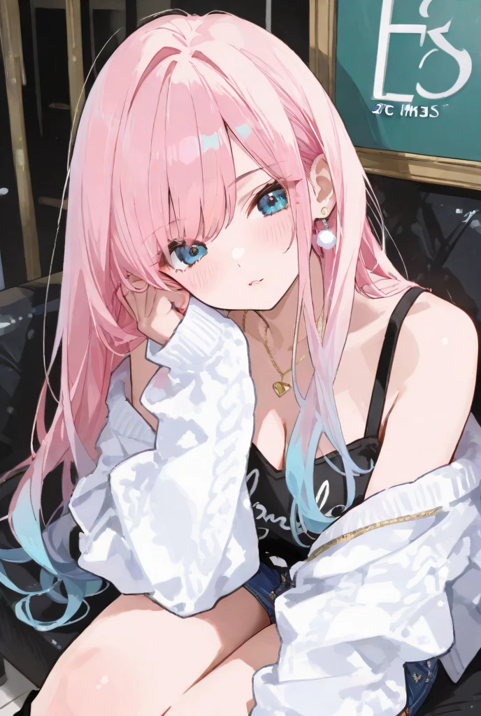 (1girl: 1.2), (classroom: 1.2), (school_uniform: 1.2), (long_hair: 1.2), (school_bag: 1.1), (bag: 1.1), (twintails: 1.1), (sailor_collar), (serafuku), (chalkboard), looking_at_viewer, indoors, shirt, chair, neckerchief, long_sleeves, red_neckerchief, low_twintails, off_shoulder, window, white_legwear, white_shirt, black_sailor_collar, blue_sailor_collar, breasts, pantyhose, bangs, sitting, jacket, blush, open_clothes, thighs, arm_support, open_jacket, medium_breasts, charm_(object), collarbone, parted_lips, very_long_hair, cardigan, day, hair_ornament,