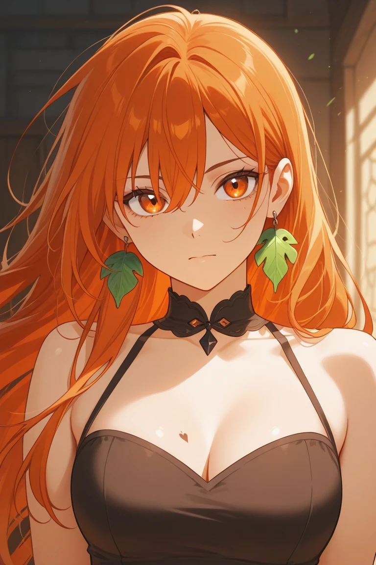 long orange hair, green eyes, large cleavage, pale skin, sweating, bikini 