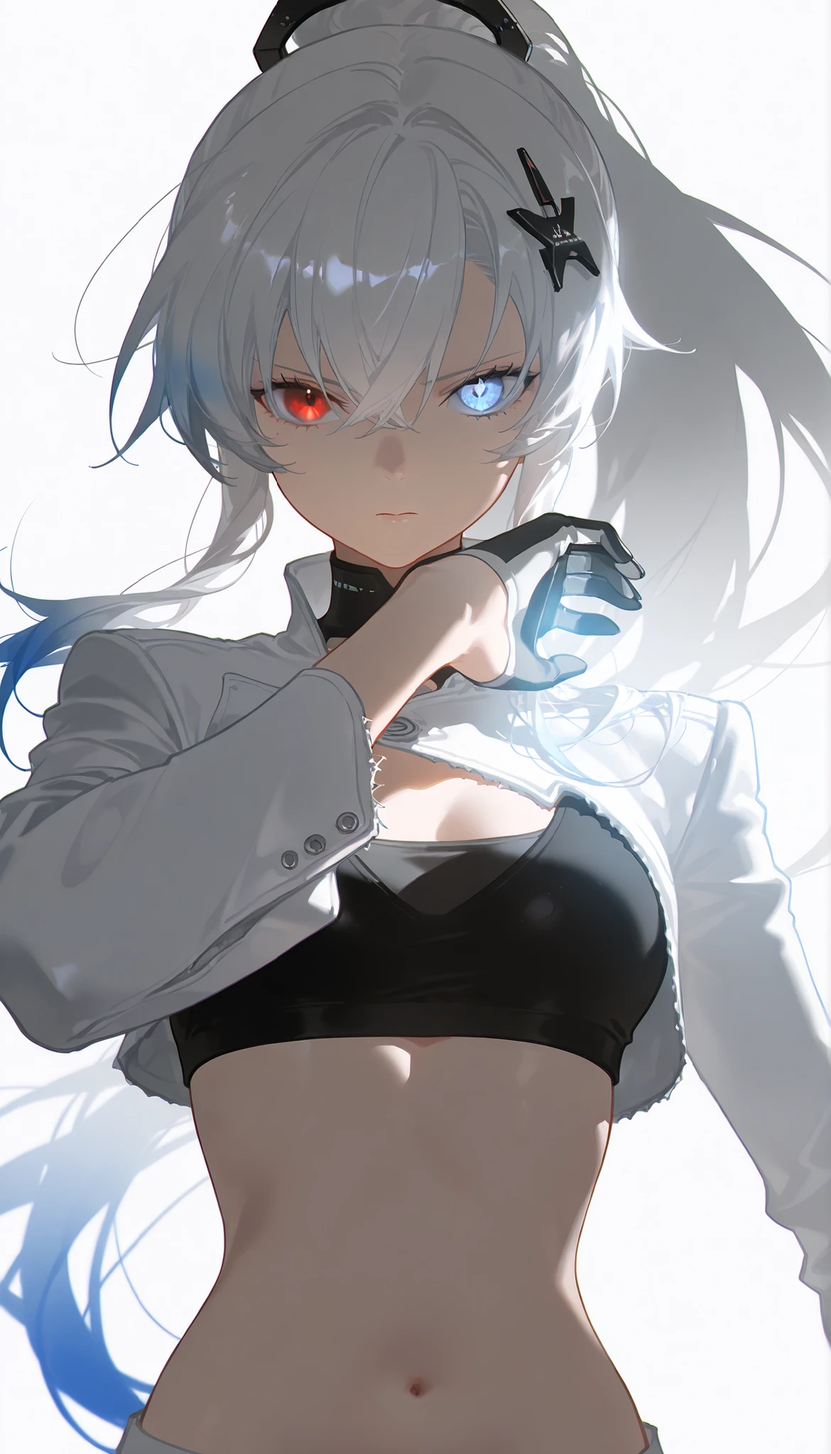 Best Quality , masterpiece, 748cm style , 1 girl, , Viewer, , serious expression,, gray crow punishing、 Lucia、 white jacket, Frayed long hair, white hair, gradient hair, hair accessories, heterochromia, Red Eyes, blue eyes, white suit
simple background, Viewerを見る, Long Hit, Bare Belly, upper body, ponytail, black sports bra
