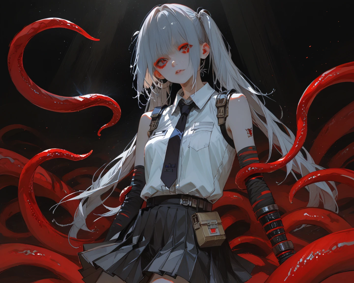 In the dungeon，Small space，Covered with tentacles, Tentacles around the body, many tentacles, Fine details，Bound by tentacles，Tied by tentacles，被中出，In drooling，Crying，teens girl