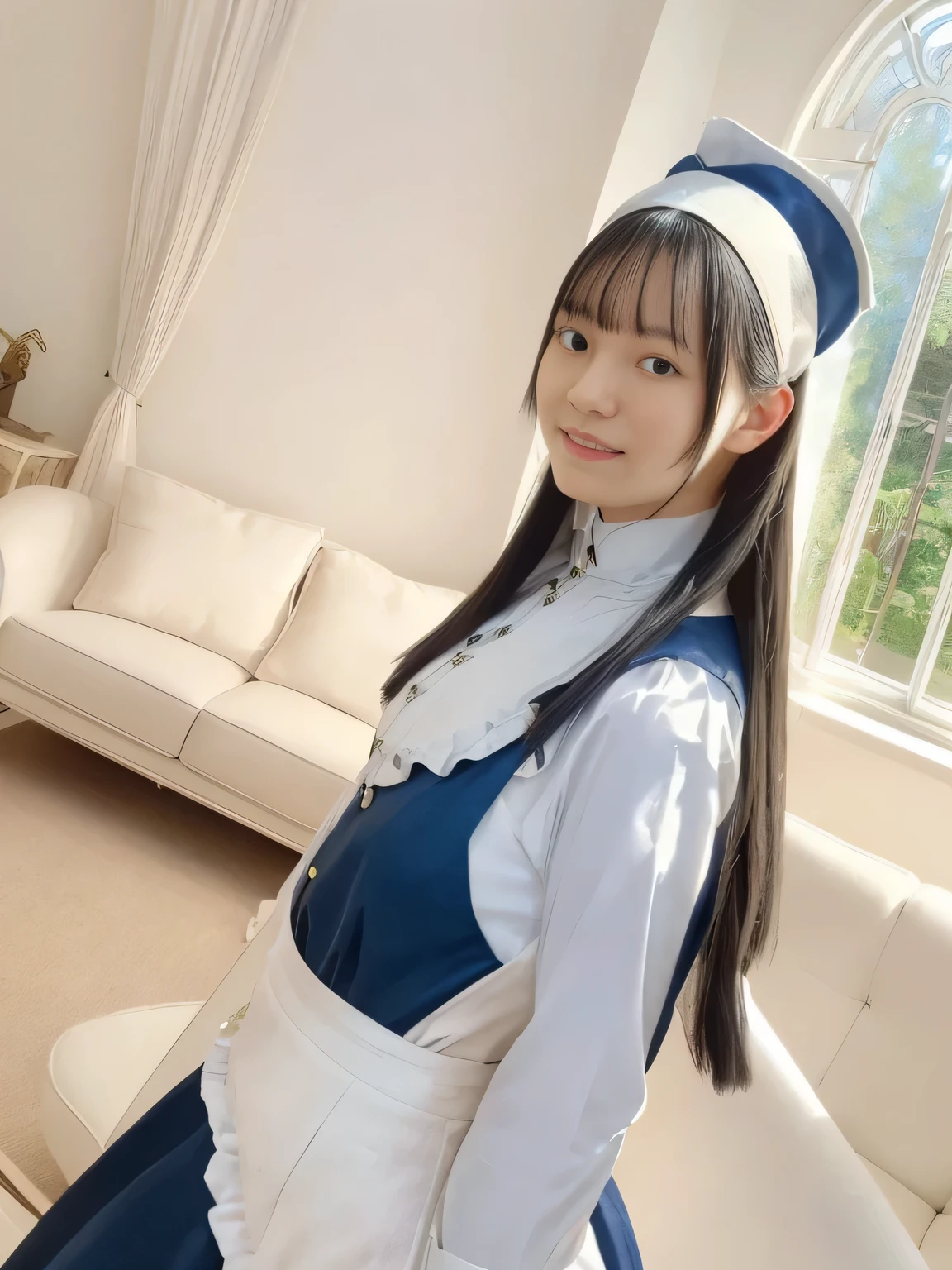 (((black hair long straight hair)))、(((blue and white edwardian maid outfitを着た女の子が一人))) blue and white edwardian maid dress blue and white edwardian maid outfit Girl in Japan maid outfit blue and white gothic maid outfit blue and white edwardian maid outfitの女の子 Maid Headband with Large Ruffles (((Shining stained glass large room with shiny marble Luxury furniture lavishly decorated living room))) Big Glass Windows Japan look at the camera Dear Smiles ((( Dynamic Pampering Poses )))(((dynamic scene)))(((low angle)))