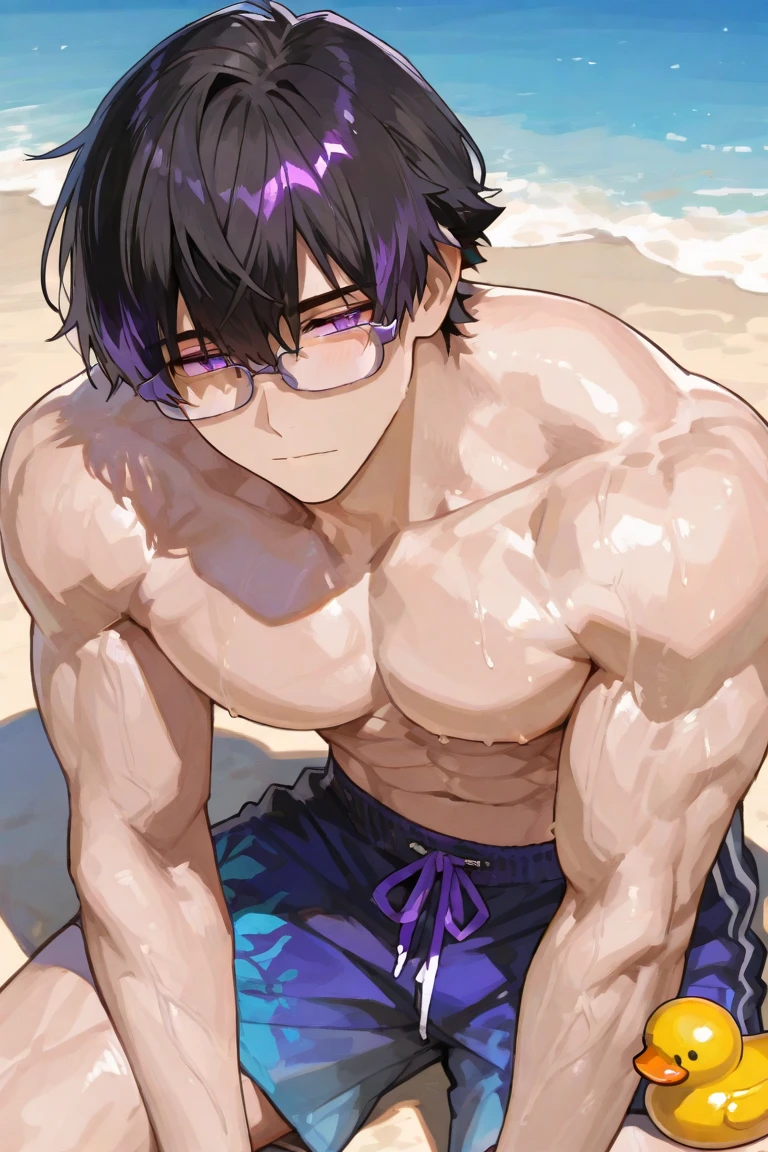 Naked, without clothes, pumped up body, big hips, tan line, bob, purple hair, yellow eyes, black mask, self-grip , folded arms, pool, sun