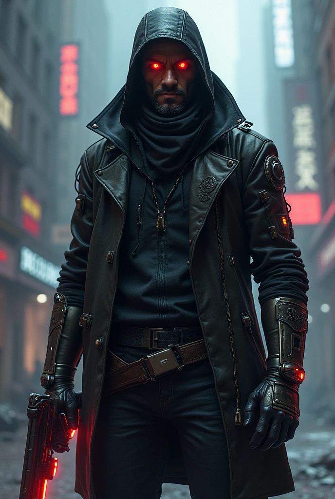 I need you to create an image of a main character in a video game based on a Cyberpunk concept, the character is a street-looking mercenary, with visible cybernetic implants (perhaps a mechanical arm with engraved runes or a bionic eye that emits a magical glow). He wears dark and functional clothes, perhaps with some element of light armor with exposed wiring. in your hands, he holds a weapon that combines technology and magic: it could be a gun that shoots magic projectiles or a cane with shiny electronic components.