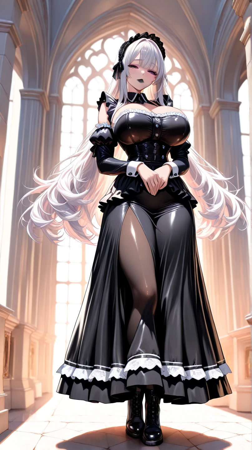 ,knee long socks,very long hair ,very large breasts,humongous breats,hair bun,long dress,sleeveless,long royal gloves