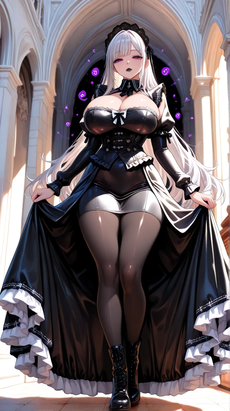 milf, 30 years old, (highres, masterpiece:1.2), white hair, robe, (large breasts), thick thighs, standing, pelvic curtain, tiara, thighhighs, v-neck, strapless dress, blue eyes, expressionless, long hair, castle in background, balcony