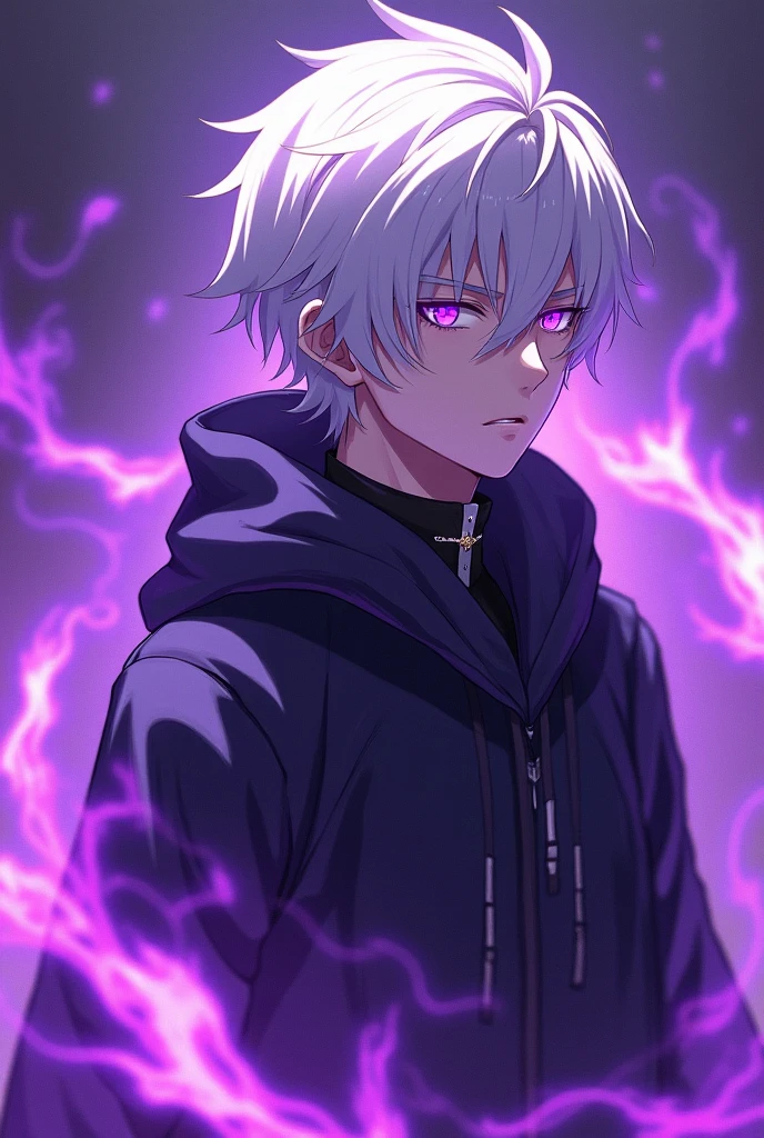 young, dark aura, boy, white hair, short hair, two colors eyes, one purple eyes, one pink eyes, glowing eyes