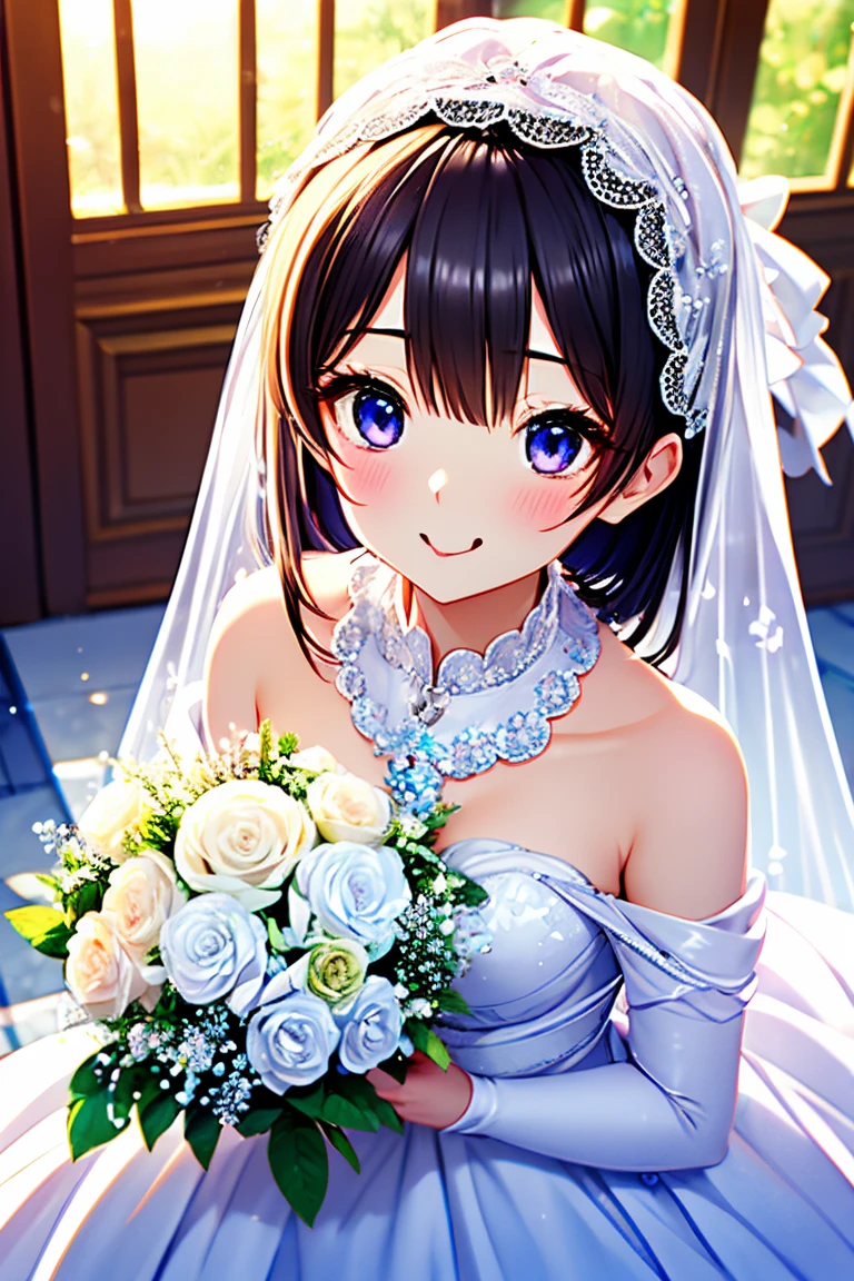 nozomitoujou, nozomi toujou, aichan, breasts, masterpiece, best quality, high resolution, extremely detailed face, good lighting, detailed CG, glossy lips, beautiful detailed eyes, wedding dress, elbow gloves, necklace, garden, bride and brjdesmaids, 3girls, (multiple girls)