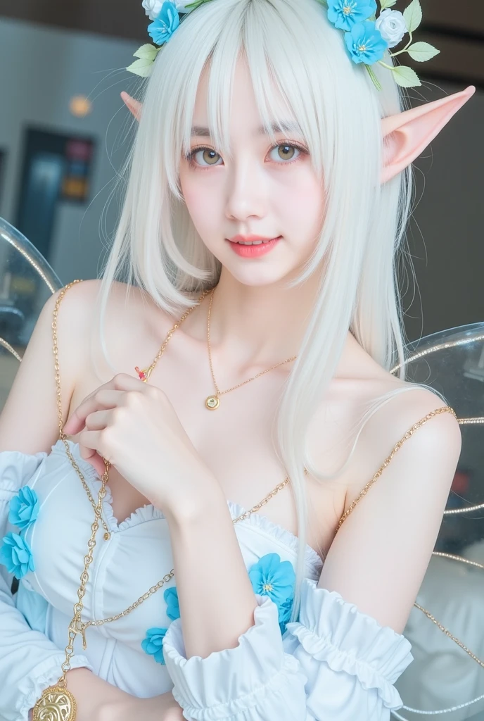 High resolution、High level image quality、8K、real live action、Raw photo、highest quality、masterpiece、18 year old girl、water loon、naked、small breasts、Elf with long pointed ears、unparalleled beauty、Princess、wear a small crown on your head、Big Angel Wings、splash of water