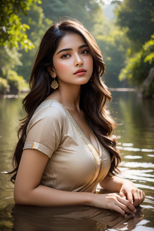 (((desi Indian girl))), cute face and charming hair, natural skin (((highly detailed face and skin texture, 8k, ultrarealistic))), ((Masterpiece: 1.3, best quality, crisp focuit girl, enjoying the sunset, happy face, with big boobs, boobs size 38 inch (traditional indian dress), waist level pic
