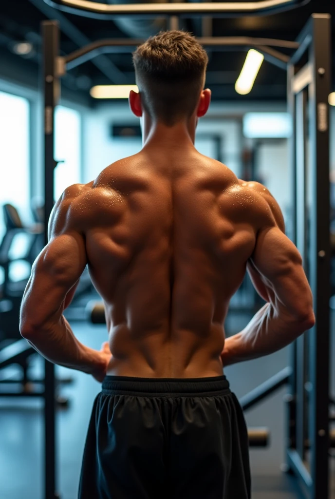 a lean skinny 18-year old shirtless caucasian boy wearing white shorts, undercut blonde hair, tanned skin, drenched with sweat, sweating profusely, hands above head, showing the back, viewing the back, flexing back muscles, in the gym
