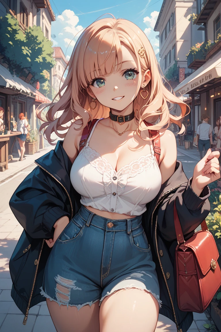 Anime Kawaii sexy Perfect Slim sensual body large breast and huge thighs, An intricate and highly detailed illustration of anime (Young girl) (work of art, best qualityer, ultra detali, high resolution, 4K),(beautiful detailed eyes),(very highly detailed face),(1 girl),HDR,long hair, shorts, phone, eyes browns, chestnut hair, cellphone, bracelet, regatta, jewerly, to attend, lips, focus only, glaze, blurry background, ssmile, wristto attend, realisitic, blurry, gazing at viewer