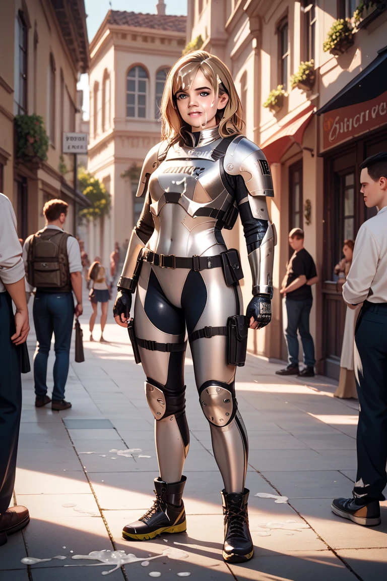 (medium full shot) of (lovely futuristic soldier) young woman, american with straight brown hair in a bob, hazel eyes, light tan skin, athletic build,           wearing Electrostatic discharge chest plate with EMP field, carbon fiber tactical suit with EMP shielding, tactical visor with electromagnetic vision, EMP generator wristband, EMP grenade launcher, laughing, jumping in the air,  set in  public park, Meditation Grove, Serene enclave with organic wooden benches, floating lotus sculptures, aromatic herb gardens, soundproof bamboo walls, a central reflecting pool , at sunset, ,Masterpiece,best quality, photorealistic, amazing quality, very aesthetic, extremely detailed face,