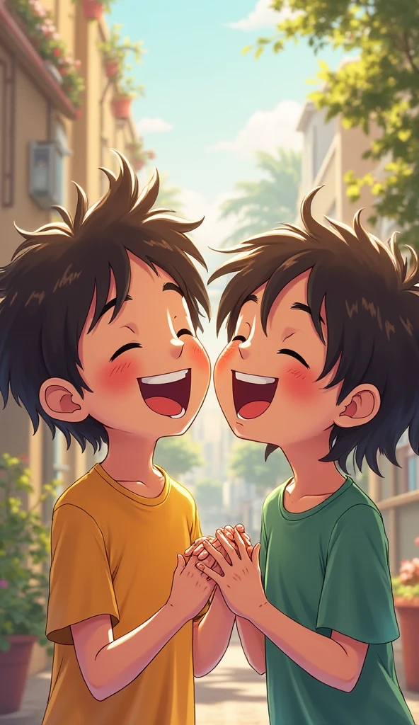 Two childs, standing together, watching each other happily, one childs hand is on the head of the another child, both are boys and same hieght house in the background