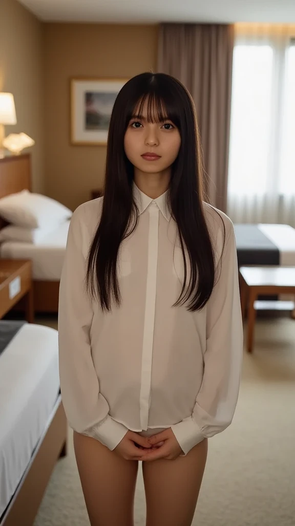 A 16-17 year old Japanese girl with a T-shirt (sin mangas y tiene los hombros sin manga ) negra ajustada tiene tetas grades pelo corto cafe esta mirando dulcemente hacia delante se le ve una oreja tiene un braso para atras y el otro braso esta apollado en la silla pero no se ve una parte del braso por las tetas de la chica esta sentada en una silla en una habitacion de hotel elegante