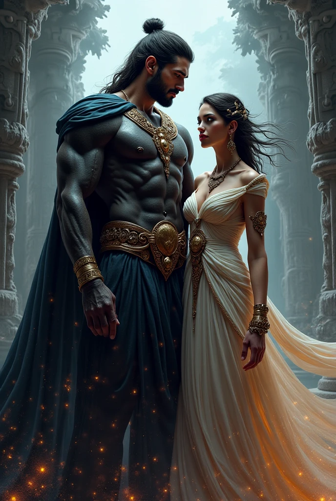 In a celestial landscape, four people dressed luxuous, differents faces, they are all darkskin, (((young, in 20's))) (((two brown skin men and two brown skin woman))), (((two young brown skin long dark hair duke:1.3))), (((one brown skin dark hair pregnant1.5 woman))) and (((one short brown hair woman1.3))), (they are two différent and separate couple1.2). (Two couple of four people:1.2). The first couple is a brown skin duke long dark curly hair with a short dark long hair woman. The second couple is a brown skin duke curly dark hair with a short brown hair woman, (((short dark hair brown skin woman and brownskin:1.5))) trying to kill him with energetic powers, a gods lances, arcs and lances, dangerous scene, war, battle, chaotic war, destructions, gods war, impressive war