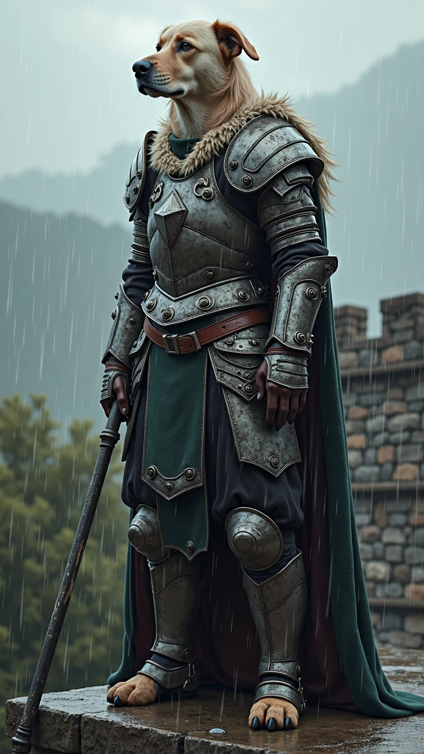 (high quality), (Best detailing), rain, Sheepdog, in armor, is on duty, on the huge stone fortress wall, it's raining, rain стекает по ней и её доспехам но она храбро стоит не показывая никакого дискомфорта и смотрит в даль стоя на страже 
