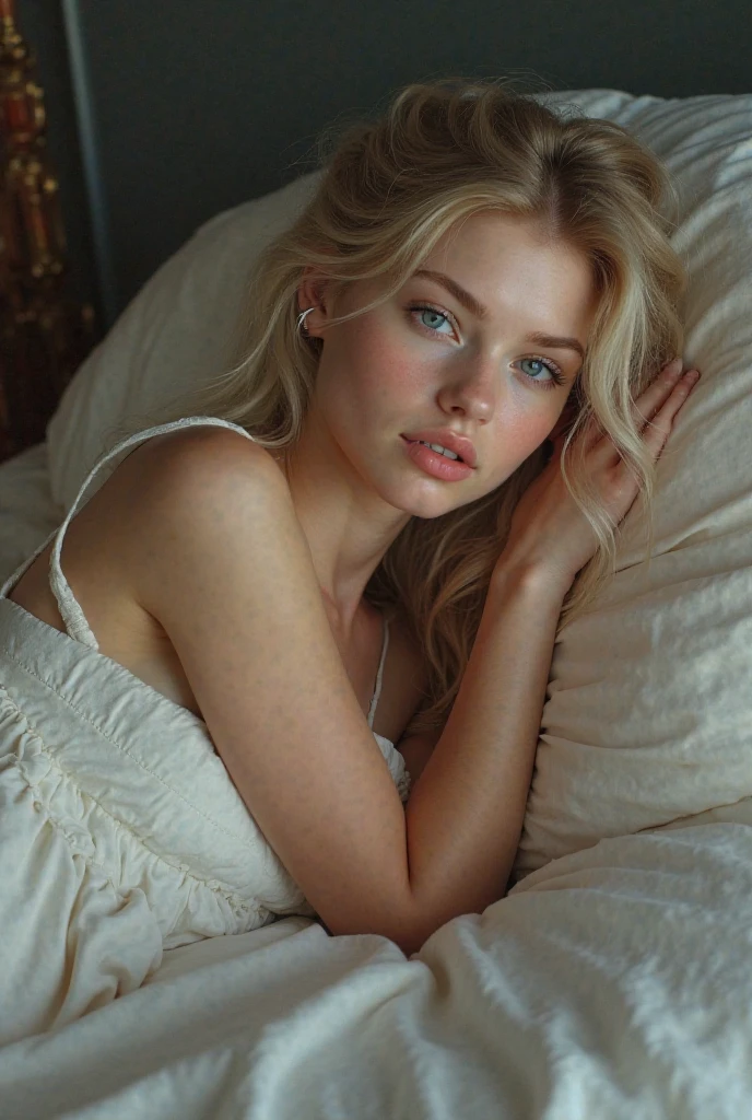 ((Hd photo)) ((photo realistic)), a captivating 25 years old blonde girl Simona, (blonde hair), striking, metallic blue eyes, Prominent red lips (makeup), Small regular nose, Slender, harmoniously built, natural skin, 8k uhd, high quality, film grain, Fujifilm XT3, epiC35mm, lying down on the bed, sensual gaze, looking at the camera dim lights, warm lighting, seductive, wearing a white bathrobe