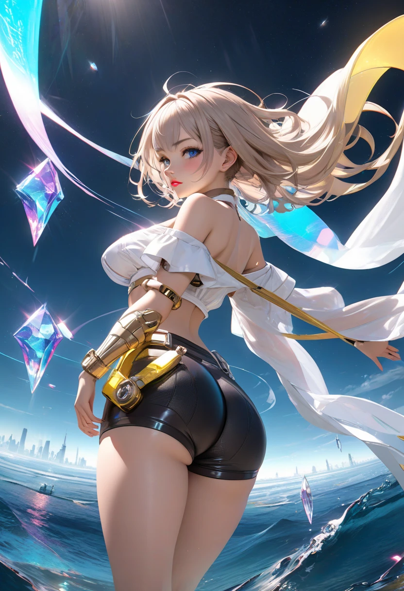 Anime Kawaii sexy Perfect Slim sensual body large breast and huge thighs, An intricate and highly detailed illustration of anime (Young girl) Steppiece, best qualityer, ultra detali, absurdrez, Portrait of the cute android18DB, lifelike face, standing alone, aretes, jewerly, , Coraggioso, closed shadow, the beach, mitts, necklase, stone, standing, fighting position, volumetric lighting, best qualityer, tabletop, details Intricate, tone mapping, sharp focus, hyper detailled Short pants sleeveless