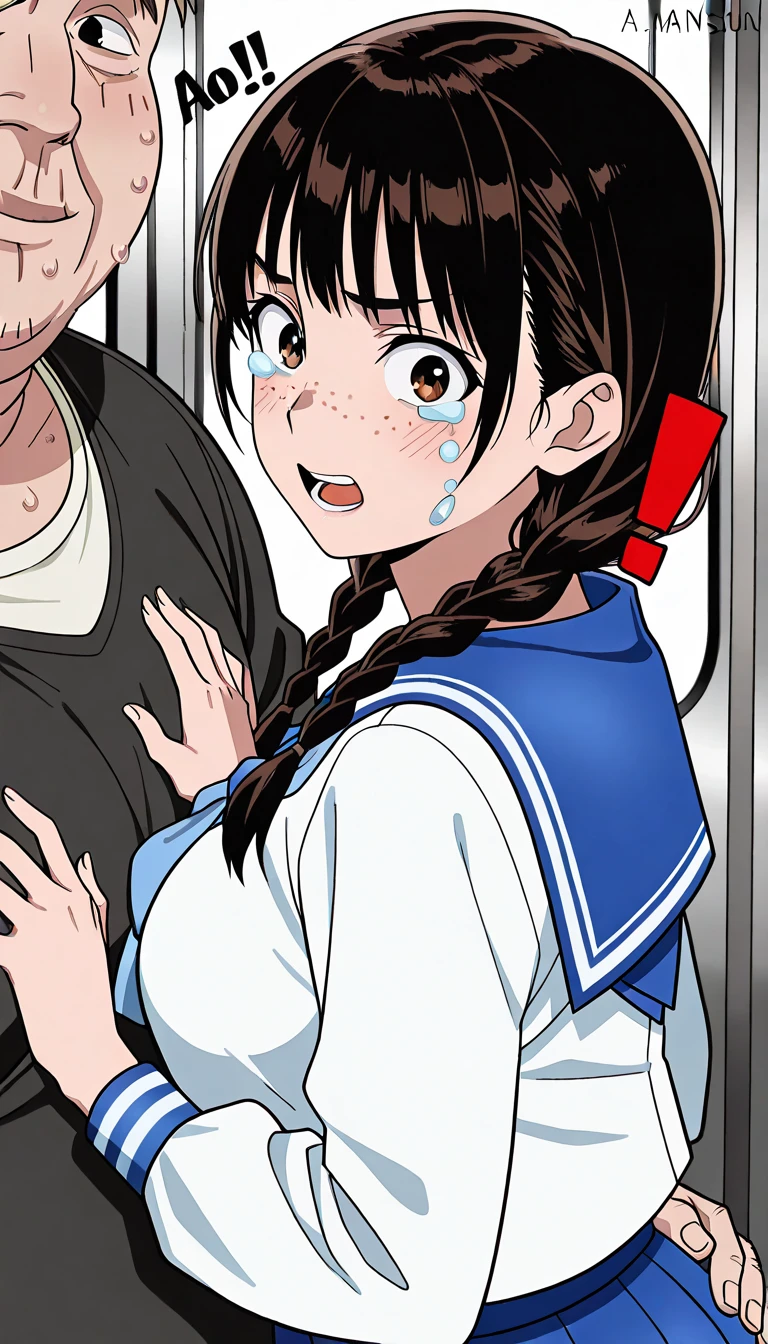 masterpiece,best quality,ultra detailed,high resolution,extremely detailed CG, (perfect hand), nsfw ,wearing shoes , wide shot ,from above,1woman and 8man, (mini skirt,cardigan),(clothed),(cloth torn),gangbang, group sex, rape,orgy, (crotch grab),(arms up),on the train,angry,((sobbing through one's tearst)),((the uncles around her are I will get a good look at her)),((rape,held down limbs grab by surrounded old mans,held down breasts grab by surrounded old mans,held down arms grab by surrounded old mans, held down pussy grab by surrounded old mans, ((held down pussy grab by surrounded old mans)))),fingering from behind, grabbing, spread legs, hand in panties,molestation, grope,grabbing for example,hazawa tsugumi,bang dream!,brown eyes,short hair,bangs,brown hair,parted bangs,small breasts,tareme,