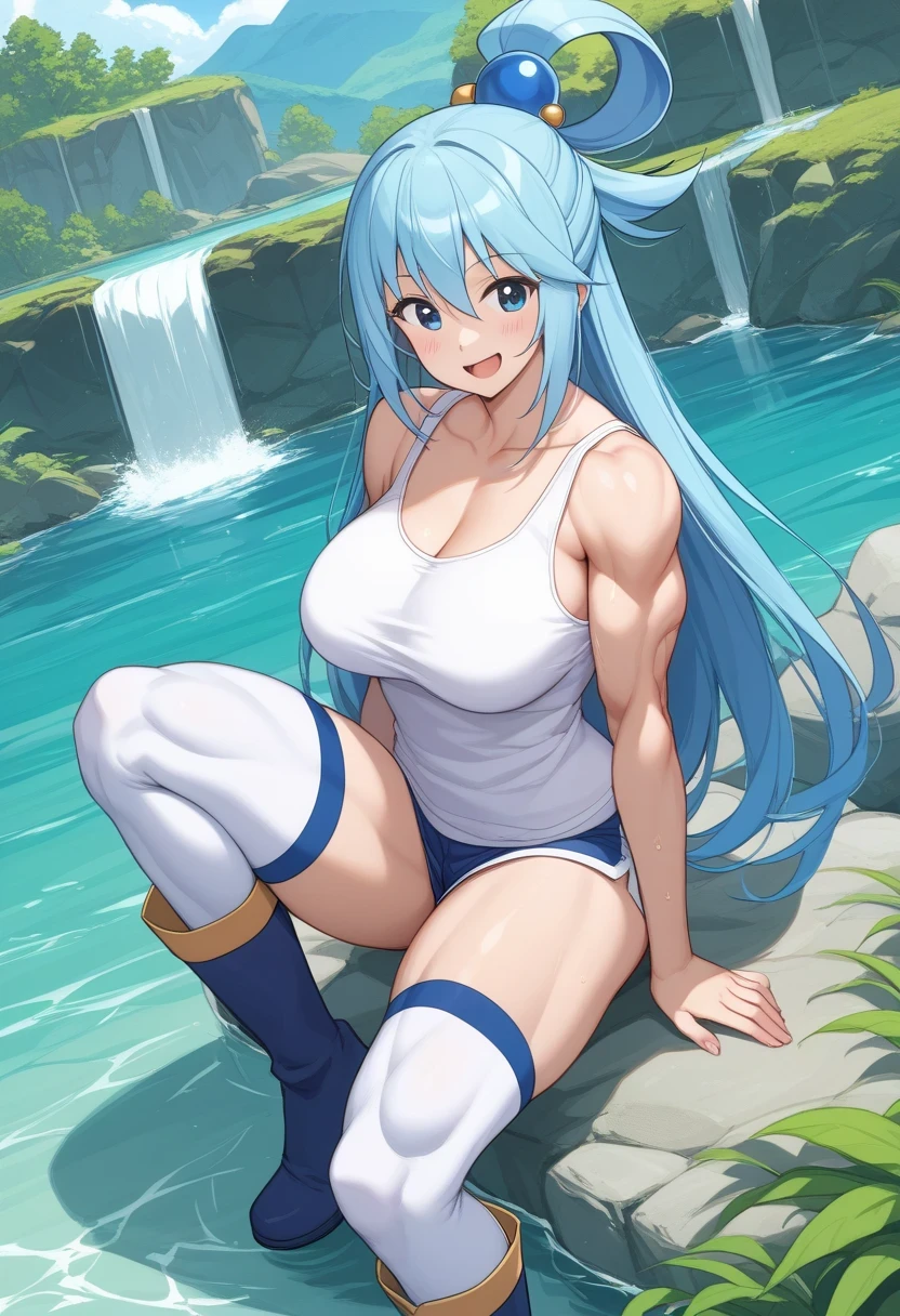 score 9 、score 8 up、score 7 up、source anime、masterpiece、Best Quality、high resolution、1girl、aqua Kono Subarashii Sekai ni Shukufuku wo!、:d、woman's focus、solo、Blue Hair、long hair、blue eyes、Hair ornamemt 、hair rings、(Pure white tank top:1.5)、trapezius、deltoids、anterior deltoids、middle deltoids、posterior deltoids、biceps、biceps longhead、biceps shorthead、triceps、triceps medialhead、triceps lateralhead、triceps longhead、brachioradialis 、covered thigh muscles、covered semitendinosus、covered adductor magnus muscles、skin tight tank top、Big Breasts、very big breasts、 Huge Muscles、Strong muscles、(muscular woman:1.5)、white thighhighs、blue knee boots、Bare shoulders、Bare Arms、Blue Miniskirt、aqua (konosuba)、cowboy shot、looking at viewer、dutch angle、water、Outdoors、river、rock、waterfall、smile、