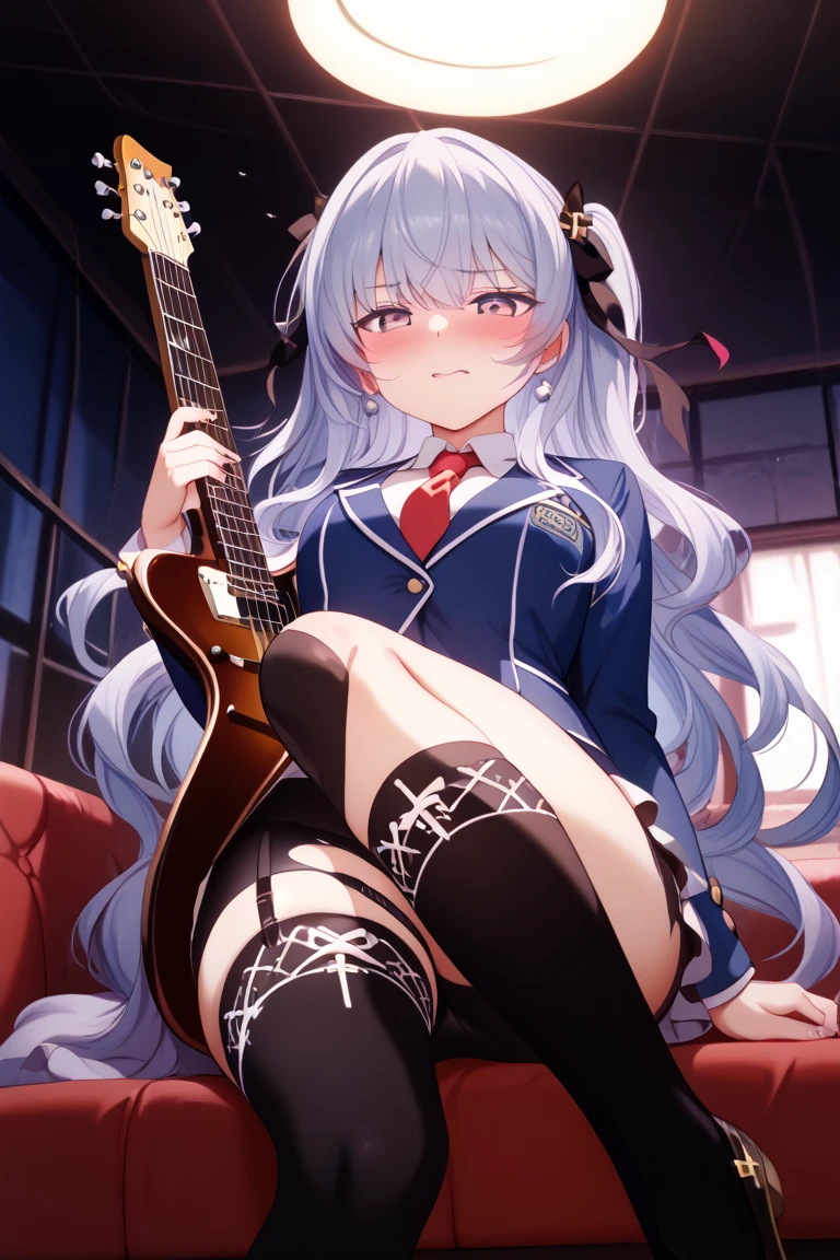 <lora:kearsarge_v1.0:0.8>,kearsarge\(azur lane\), white_hair ,long_hair, purple_eyes,headgear, jacket,leotard,sitting, classroom, (guitar:1.5) ,<lora:BocchiHD:0.6>, masterpiece, best quality, extremely detailed face, sharp details, high contrast,