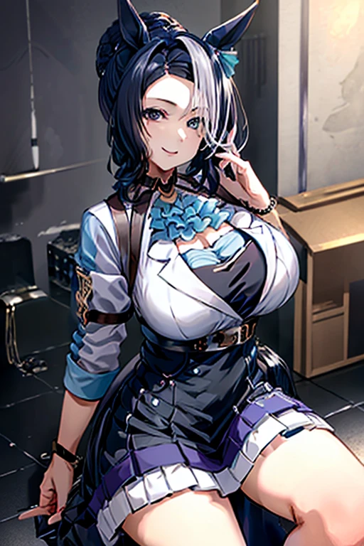 Best Quality, masutepiece, hight resolution, 1girl in, 茜S, (A dark-haired:1.4), Brown eyes, Black jacket, headphones, teepee, Naughty face, Smile, cowboy  shot, large full breasts