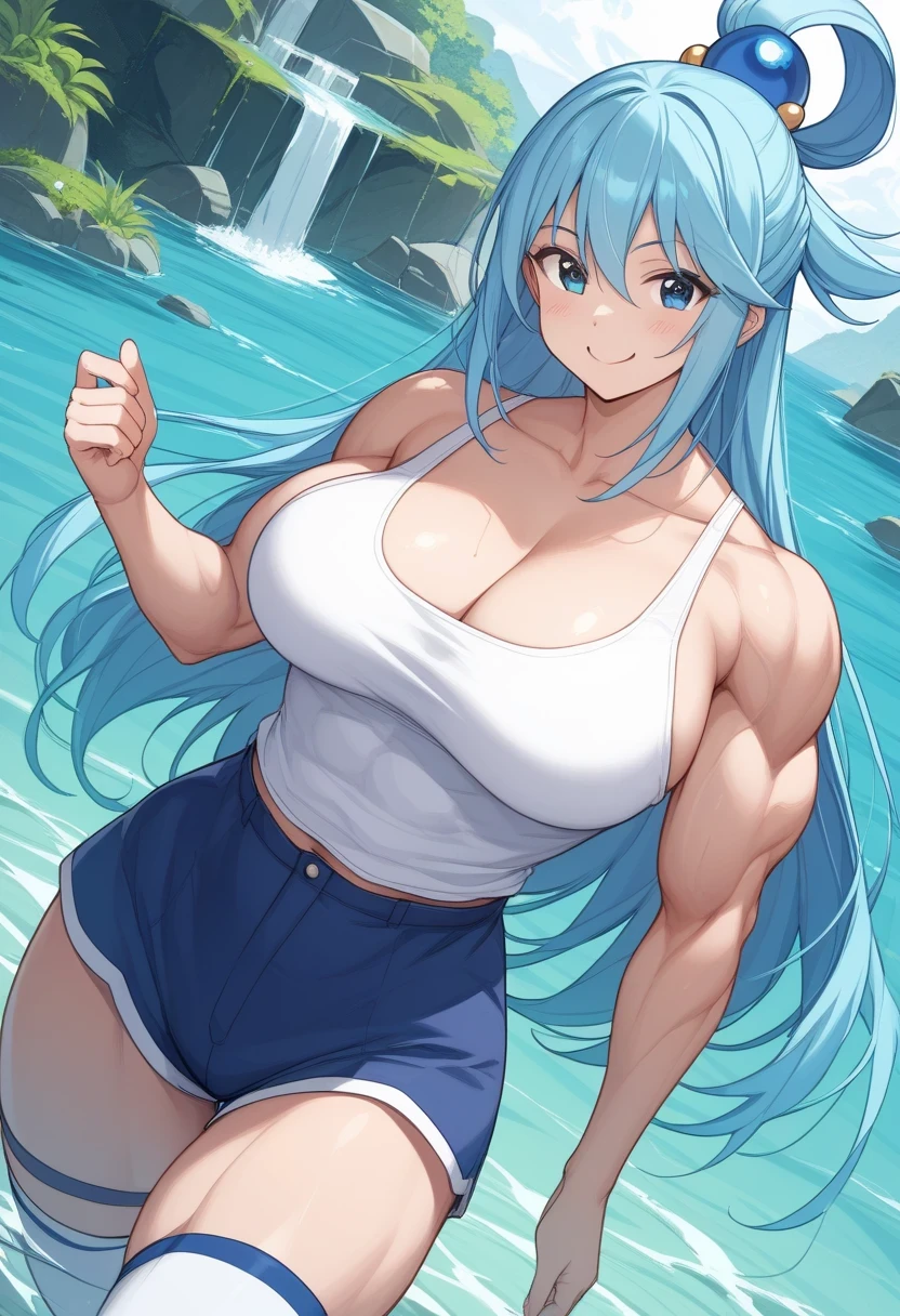 (((masterpiece、Highest image quality、highest quality、highly detailed unity 8kwallpaper)))、((Illustration of one girl))、(((beautiful girl)))、((white hair、short hair、blue hair band:1.6、light blue eyes))、(((stocky build, thickset physique, muscular legs:1.4, broad shoulders, solid chest)))、(((White hairs、hairy armpits:1.4)))、(armpit hair:1.4)、swimsuit、sandy beach