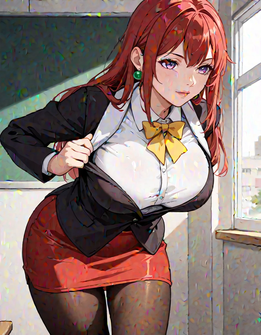 slim latina, medium wavy hair, high ponytail, burgundy hair, light skin, brown eyes, seductive smile, red full lips, red glasses, gold hoop earrings, narrow waist, big breasts (giant breadts, wide hips, long sleeves, (maid attire) red overalls, ((long necktie)), pleated skirt, sitting down, from front, looking at viewer, at the cafe, dining tables, (warm lights) close up, ((masterpiece, curvilinear, 8K))