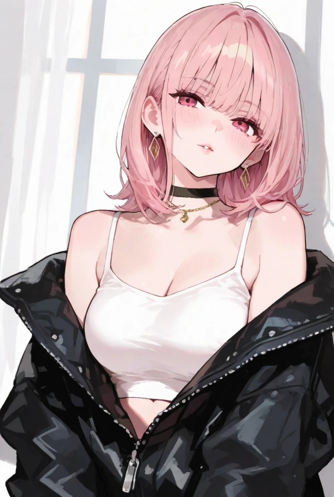 A girl with pink hair cut into a heart shape, silver eyes, White skin, he wears a long black jacket, some big boots, is crouched