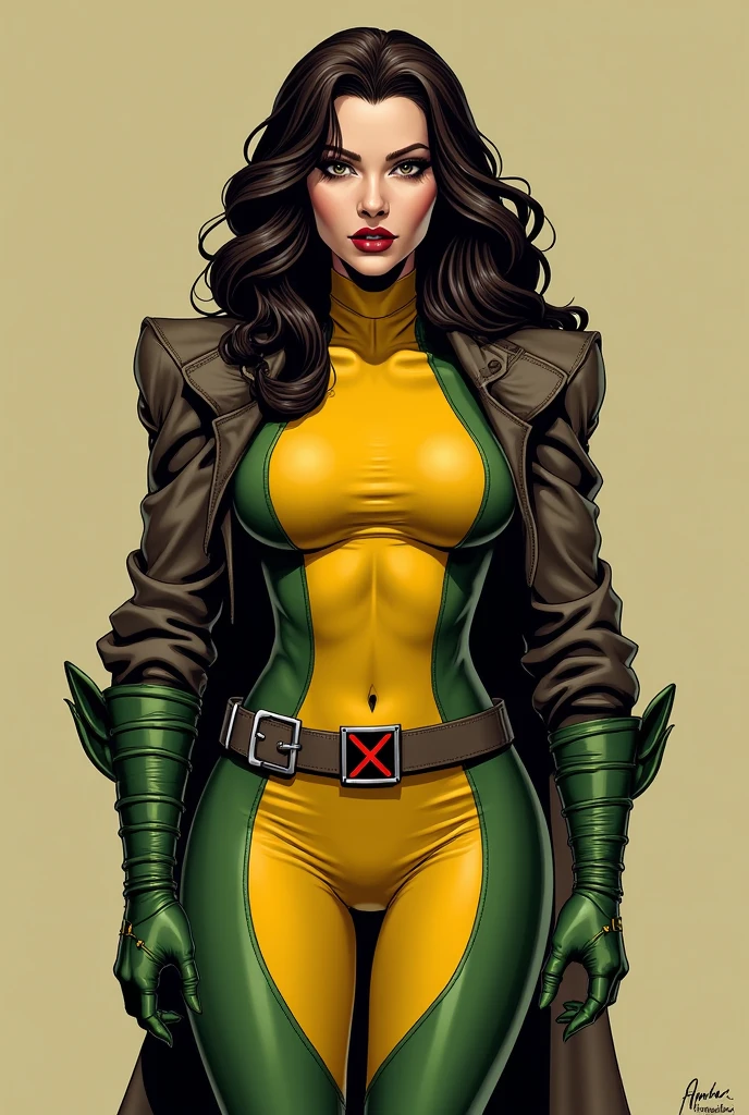 masterpiece,best quality,extreme detail,8k,white background,rogue2,1girl,solo,long hair,big breasts,simple background,brown hair,gloves,white background,medium breasts,green eyes,jacket,white hair,multicolored hair,boots,parted lips,open clothes,belt,artist name,signature,two-tone hair,open jacket,lips,looking to the side,fur trim,bodysuit,makeup,headband,turtleneck,watermark,wavy hair,knee boots,light smile,lipstick,clenched hand,multicolored clothes,buckle,clenched hands,cropped jacket,high collar,brown jacket,belt buckle,leather,animification,superhero,yellow footwear,yellow gloves,leather jacket,bomber jacket,dyed bangs,multicolored bodysuit,green bodysuit,yellow bodysuit,standing in the Park