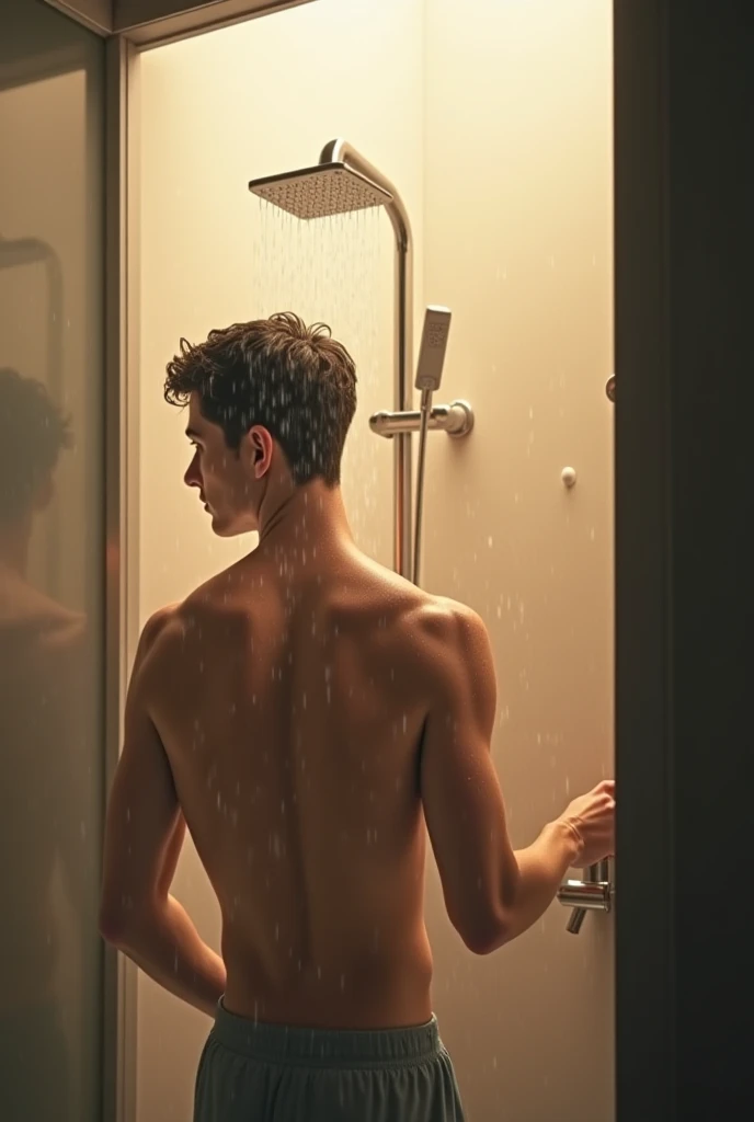 21-year-old getting out of the shower with a towel drying his entire muscular body