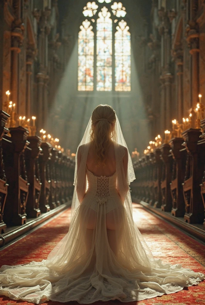 @Whiplashaarts, BlackWhiplash, masterpiece, best quality, 1girl, waist up, brown eyes, smile, lips, short blonde hair, closed mouth,from behind, ass, wide hips, wearing a bridal dress, tiara, background: church interior, stained class windows, candle lit room , solo,