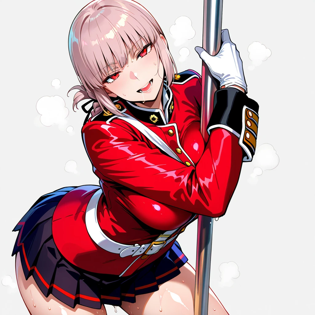 {persona 5 style}，Persona diagram，Short white hair，Gold eyes，Smiling，huge tit，Phnom rimmed red half-length shawl white military uniform，White gloves，White breeches，red waistband，littleredridinghood（From the front：1.3），