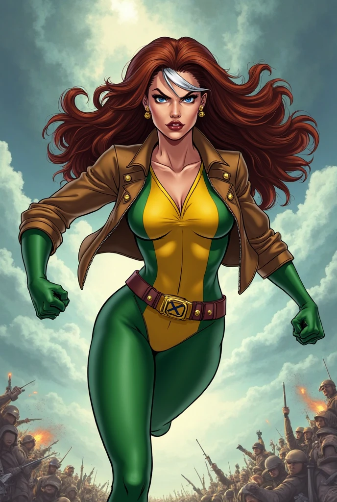 A sexy Russian woman big breasted beautiful cute long wavy dark red hair her gray eye big black eyebrow big eyelash black red lip soft cheek she dresses dark green corse shows navel and light green pants big thigh sensual yellow boot