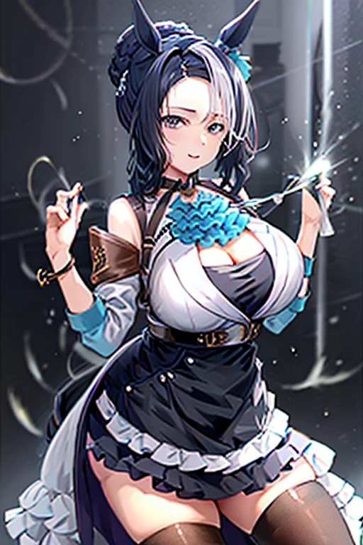 Browsing Caution,masterpiece,Highest quality,High resolution,Very detailed, Cowboy Shot, One girl, silver wolf\(Collapse Star Rail\), Grey Eyes, Grey Hair, Long Hair, ponytail, hair ornaments, Wear blue lens sunglasses on your head, cardigan, camisole, Panty Straps, Thigh straps, Strap slip, (Cleavage:0.7), Bare shoulders, skirt, choker, No underwear, Embarrassing, A look of expectation, Heavy breathing, Excited, sexual excitement, Seduce, blush, Shiny skin, View your viewers, Silky skin, Rub your thighs together, Love juice drips from the crotch, Arms up