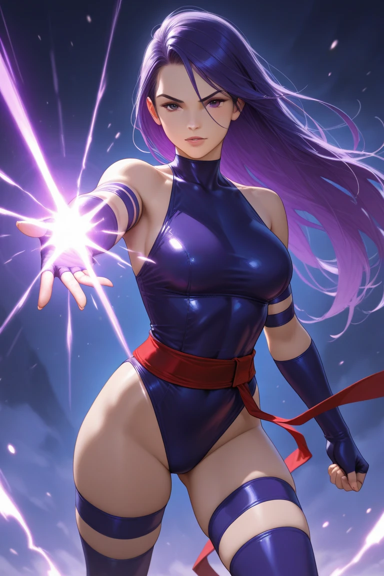 A beautiful and sexy woman transforming into a dark majin super saiyan with purple hair and glowing purple eyes