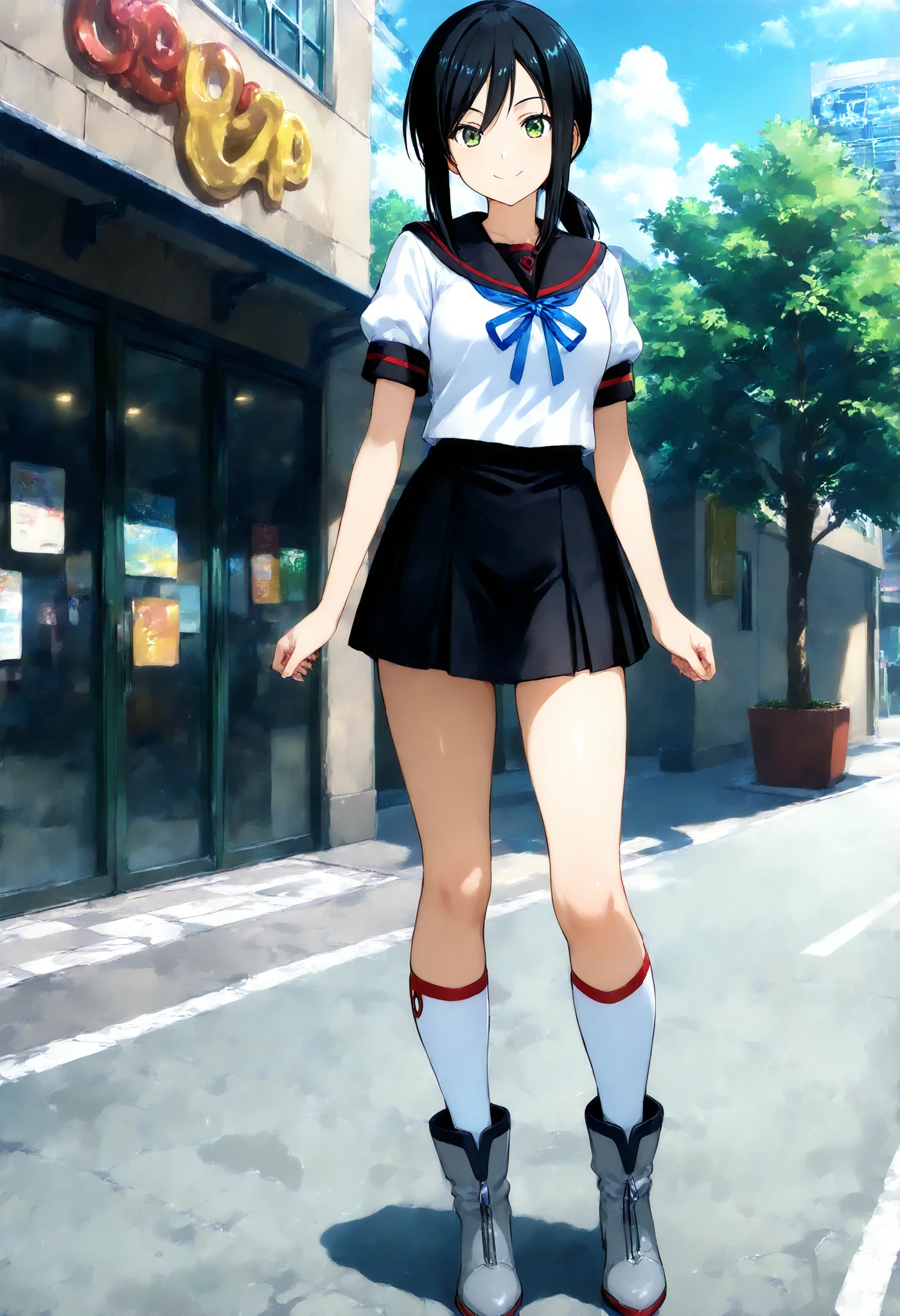 1 female, ,((sailor suit)),beautiful breasts,,good style,,(facing the front)(((natural smile)),(((The wind blows up my skirt))),Satin Nariko,,