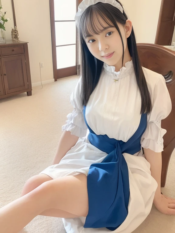 One adult woman in Japan with pale lighting, white blouse, ribbon tie, dark blue long skirt, ((white silk ankle-length socks))), (white socks with ruffled ornaments))), (wearing black pumps))), faint smile