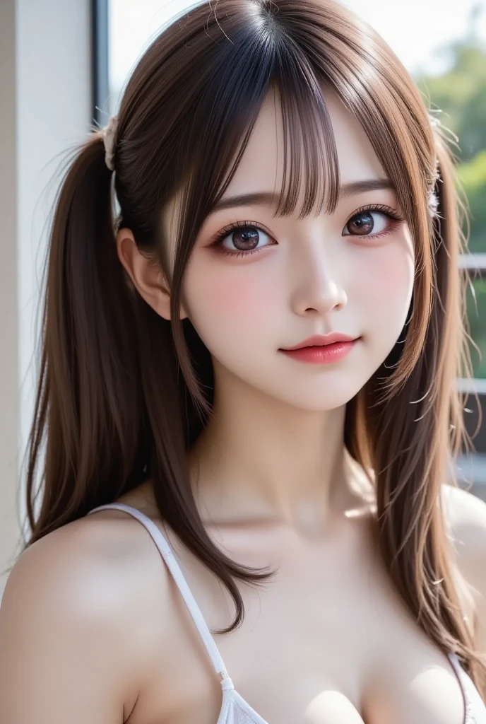body shot,Outdoor,Black micro bikini,resort Beach,Ultra-detailed, finely detail, hight resolution, 8K Wallpaper, Perfect dynamic composition, Beautiful detailed eyes,,Close-up of face,,Blushing,Facing forward,Long hair ponytail,((8k, Raw photo, Best Quality, Mastepiece:1.2), (Realism, Photorealistic:1.4), (Highly detailed 8K wallpapers), Depth of written boundary, Cinematic Lighting, Soft Light, Detailed Beauty Eye,Shiny and smooth light brown ponytail, Asymmetrical bangs, Shiny skin, Ultra-detailed skins ,It is high resolution., High detail, Detailed hairstyle, Detailed facial beauty, Hyper-realistic, Perfect limbs, Perfect Anatomy ,Of Japanese,Famous Japanese Idols, Perfect female body,A shy smile,Short eyelashes,Double-edged eyelids,Look straight here,Hair style: ponytail,